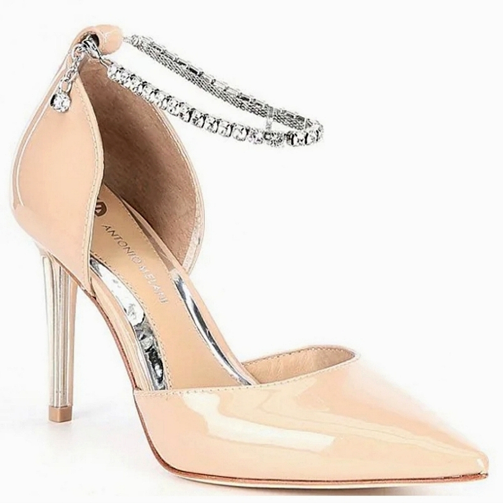 NEW Antonio Melani All Leather Rhinestone Chain Pembellished anklestrap pump